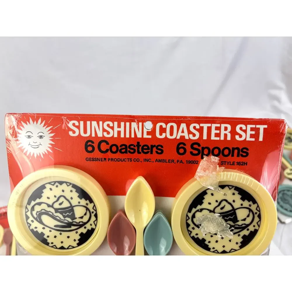 VTG 70s 80s‎ Sunshine Coaster Set (6) & Spoons Plastic NIB NOS Southwest Colors